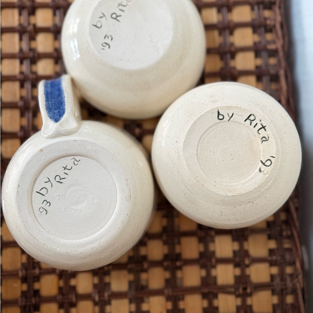 Set of 3 vintage 90s speckled cream with blue rim studio pottery Mug and bowls - Picture 7 of 12